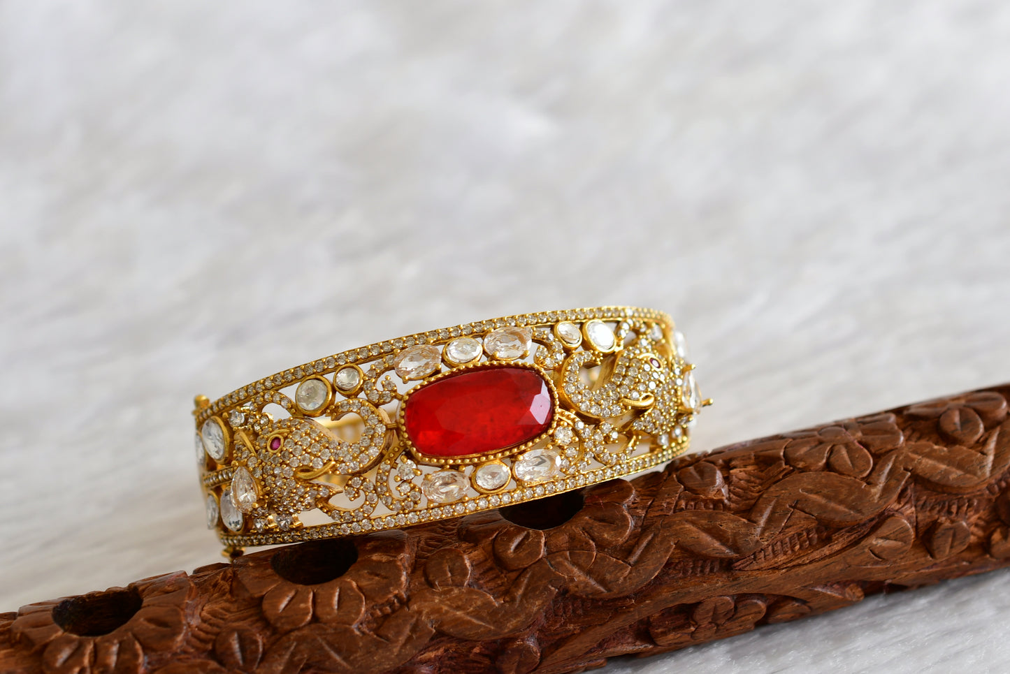 Antique gold tone cz moissanite red elephant kada dj-51774