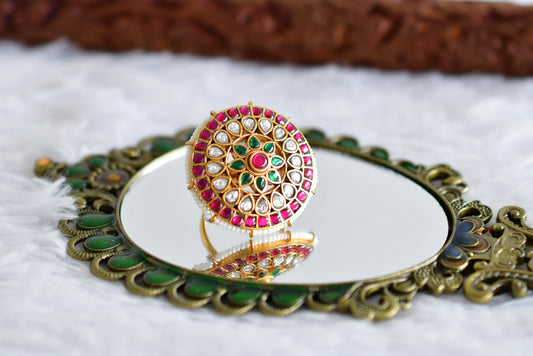 Gold tone pink-green-pearl kundan jadau round finger ring dj-52371
