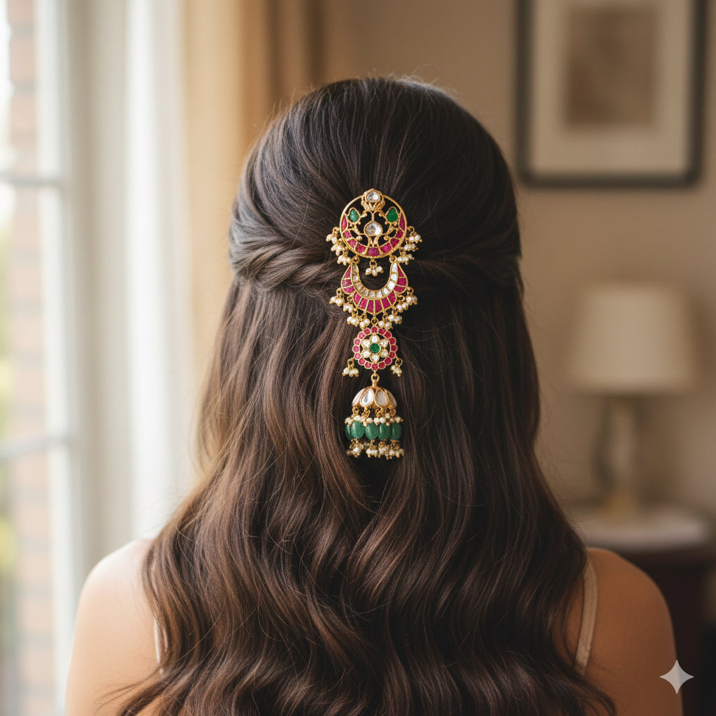 Gold tone pink-green kundan jadau floral hair jewel dj-52382