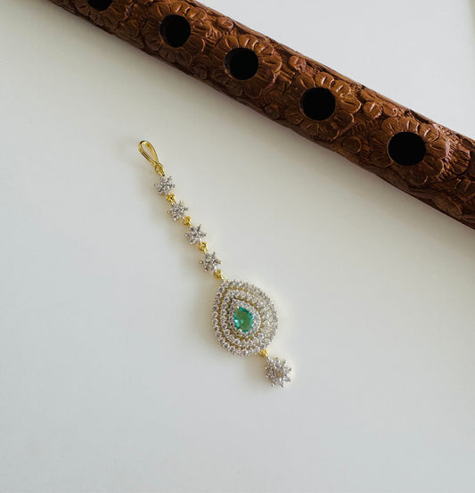 Two tone cz-peacock green thilak stone tikka dj-51370