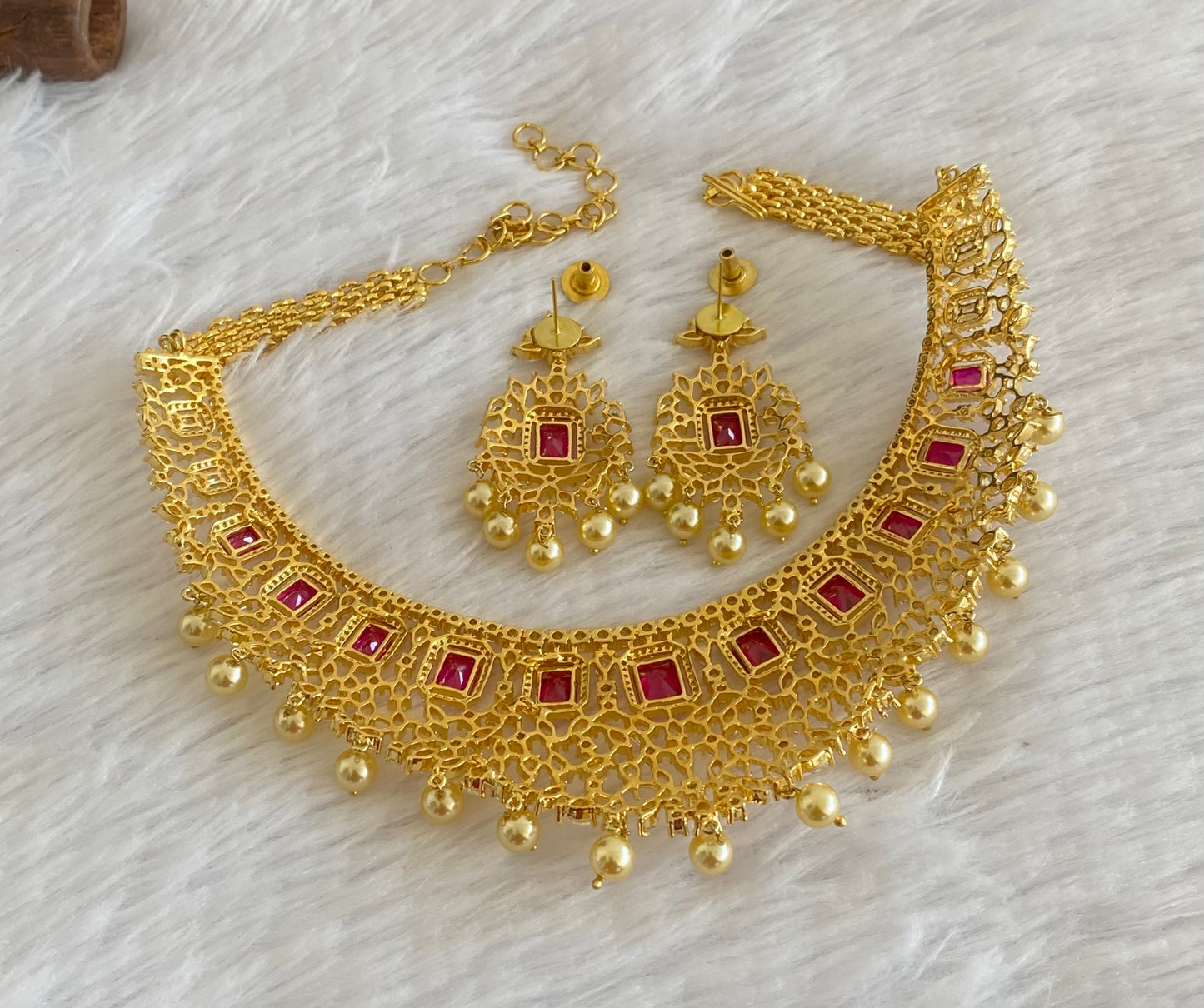 Gold tone AD white-pink pearl choker necklace set dj-53424