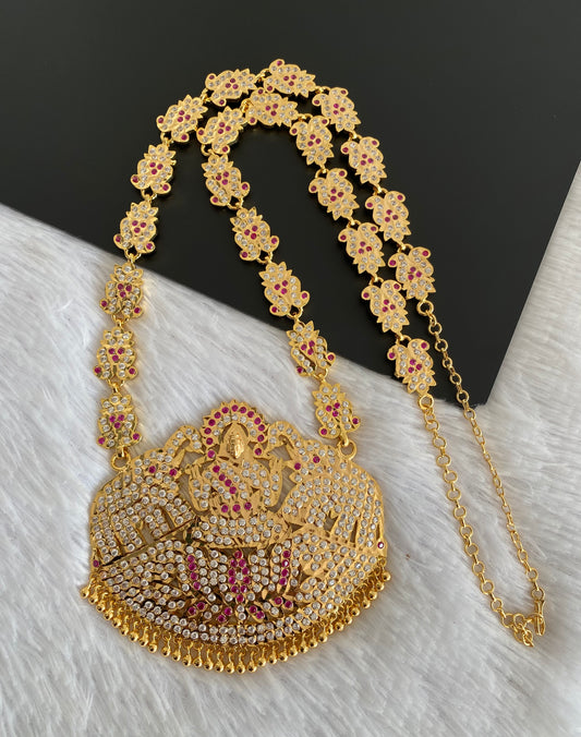 Gold tone south indian style grand AD pink-white gaja lakshmi haar dj-53255