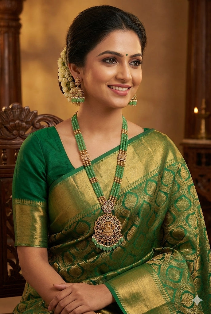 Antique gold tone pink-green beaded Lakshmi haar set dj-52439