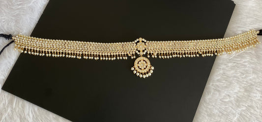Gold tone AD white stone pearl waist band dj-53386