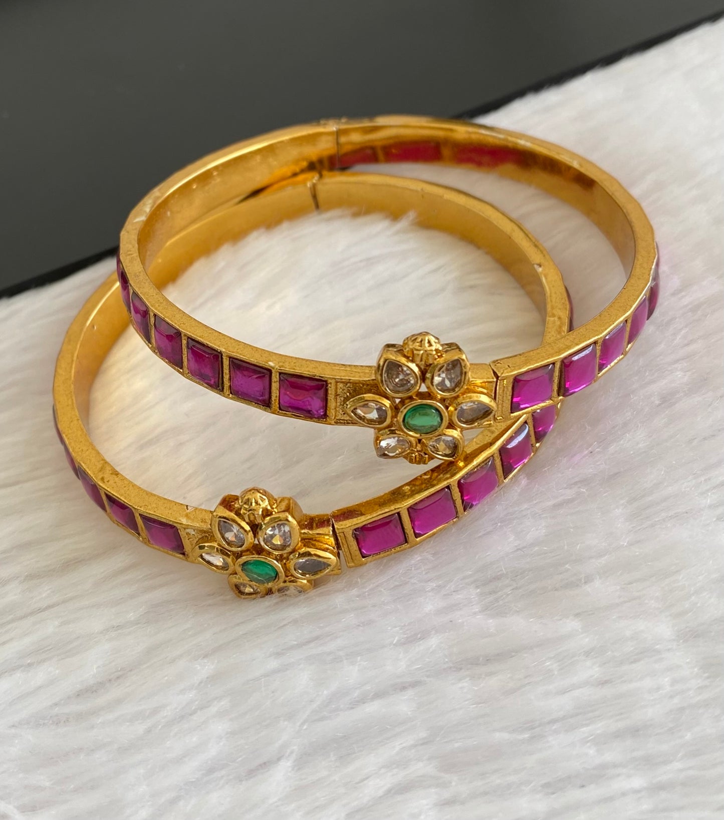 Antique gold tone pink-green-white flower kundan openable bangles(2.4) dj-53440