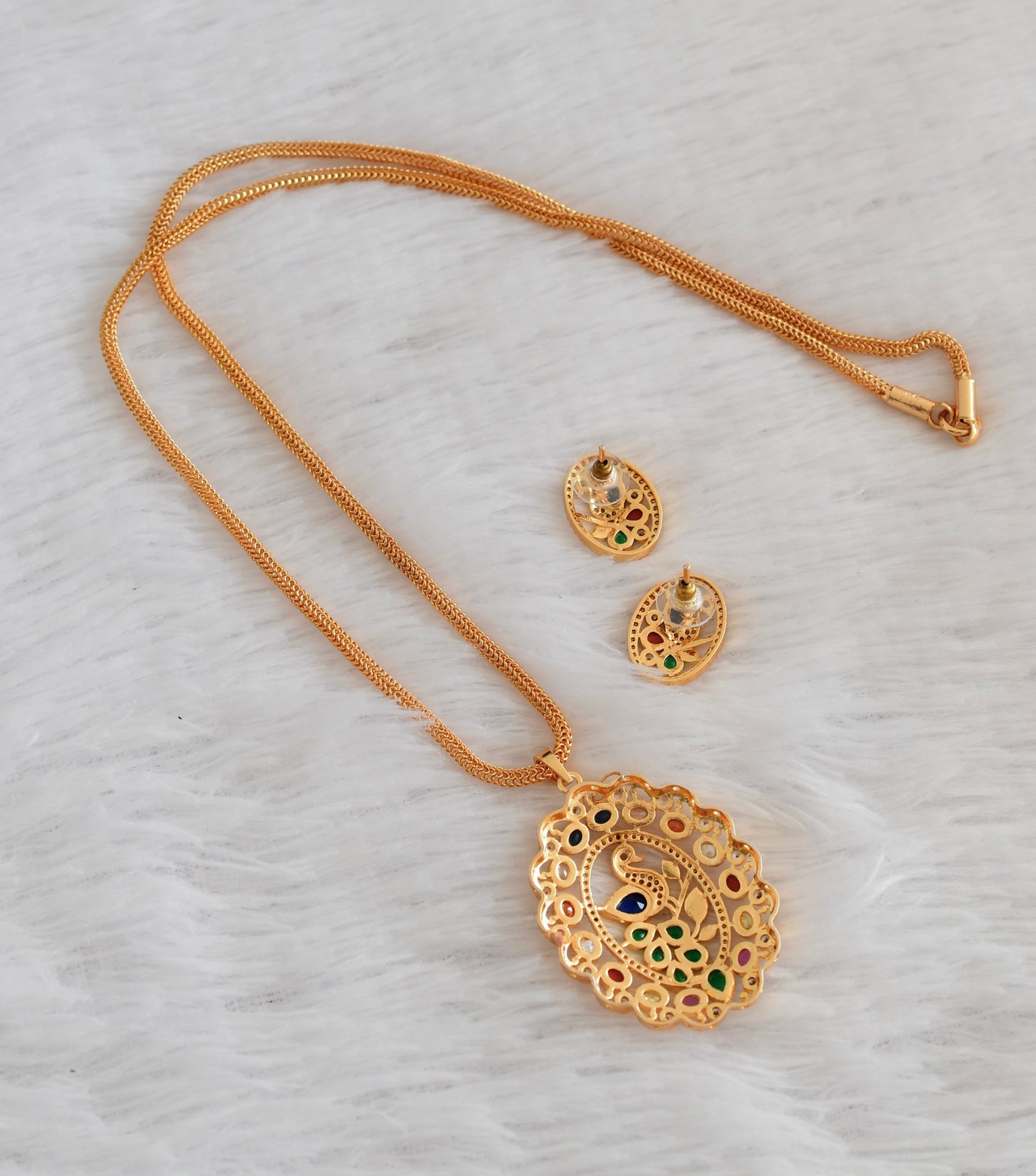 Gold tone 24 inches chain with cz peacock navarathna pendant set dj-53315