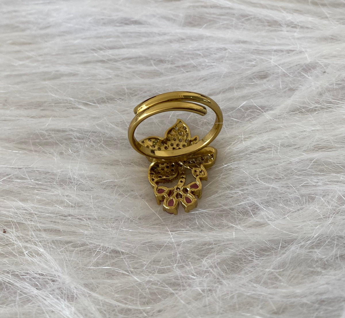 Antique gold tone cz white-magenta pink stone flower adjustable finger ring dj-55050