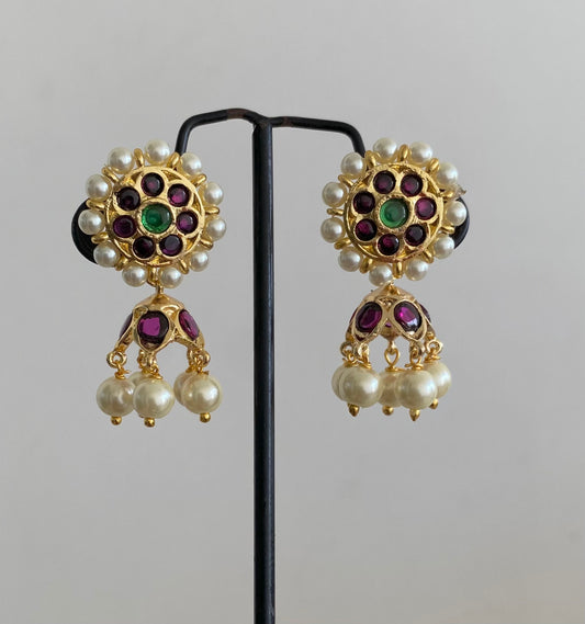 Gold tone precious kemp-green pearl screw back jhumkka dj-55083