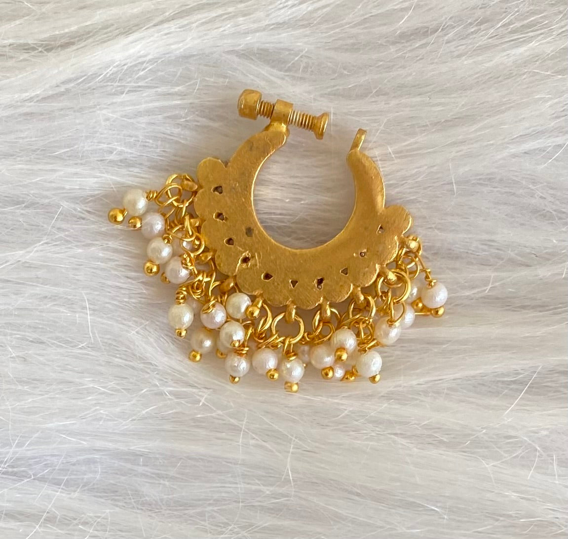 Gold tone kundan jadau pink-green-white stone pearl nose pin dj-53726