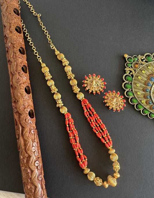 Matte finish coral beaded lakshmi necklace set dj-52083