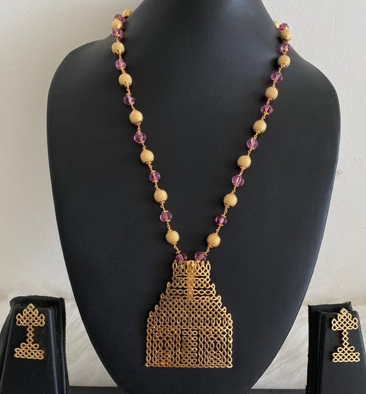 Gold tone temple rangoli purple beaded mala set dj-54489
