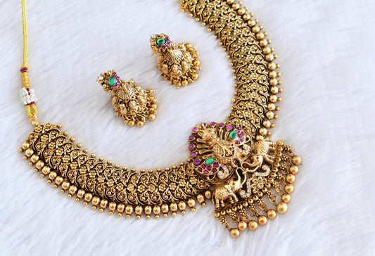 Antique gold tone pink-green-white elephant necklace set dj-53011