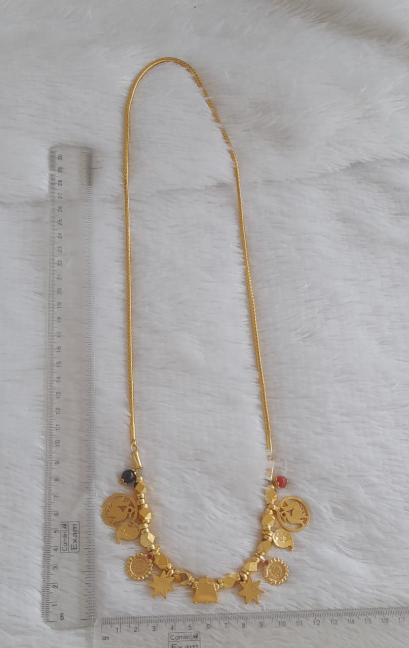 Gold tone 24 inches kodi chain with coral-black bead swan stone mango lakshmi coin siragu mangalyam dj-50634
