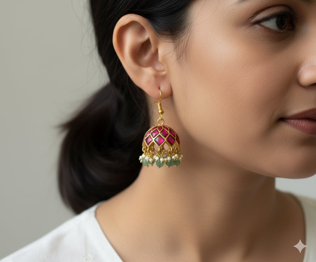 Gold tone pink kundan jadau green beaded jhumkka dj-48863