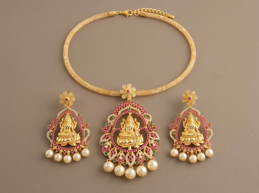 Gold tone cz ruby-emerald-pearl lakshmi necklace set- DJ10864