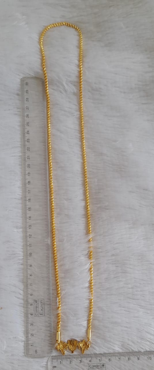 Gold tone 30 inches rope chain with ruby-green-white shanku-chakra-nama pendant dj-48794