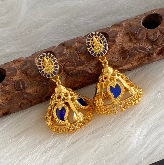 Gold tone kerala style blue mango 4 petal lakshmi jhumkka dj-54316