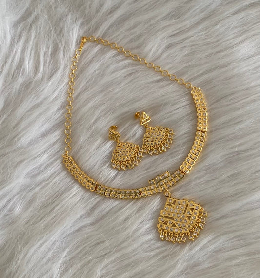 Gold tone south indian AD white stone necklace set dj-54915
