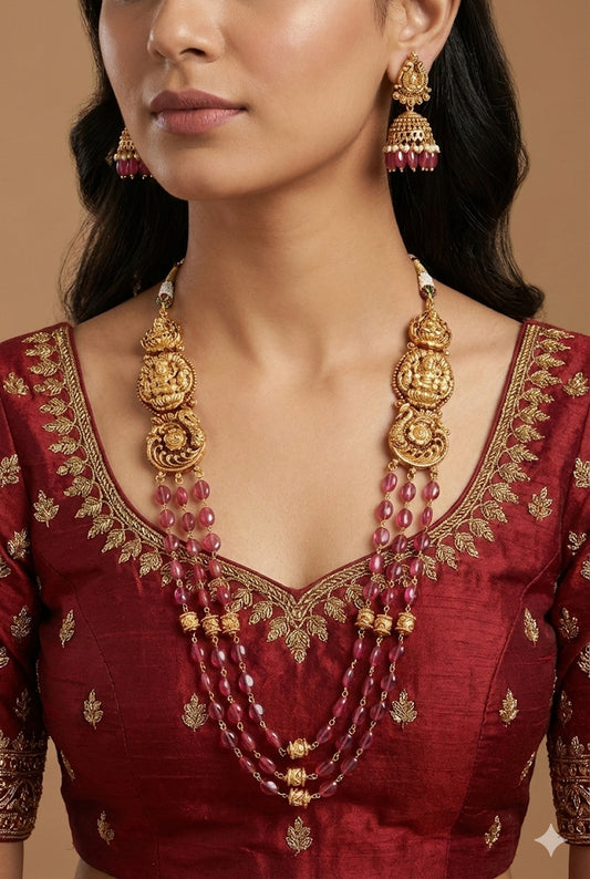 Antique gold tone magenta pink beaded lakshmi peacock multi layer haar set dj-52427