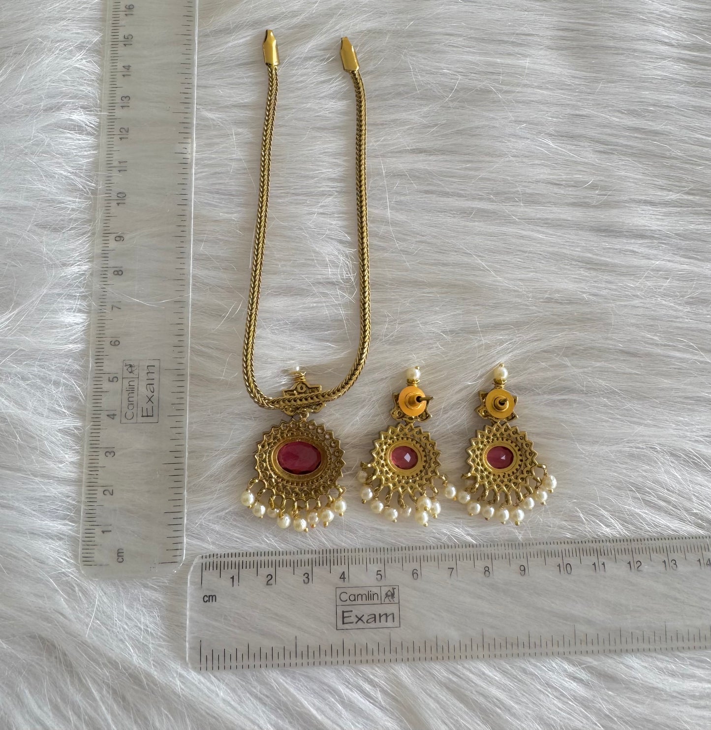 Antique gold tone cz magenta pink oval stone necklace set dj-51207