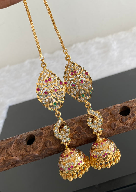 Gold tone AD pink-green south Indian peacock jhumkka with ear side chain dj-53591