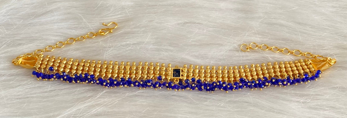 Gold tone Kerala style elakka blue beaded choker necklace dj-54298