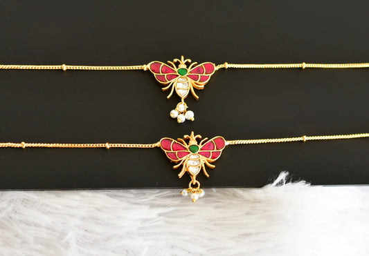 Gold tone pink-green pearl butterfly kundan jadau anklets dj-52387