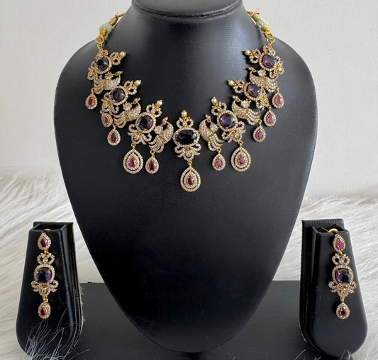 Antique gold tone cz purple-pink peacock necklace set dj-51199