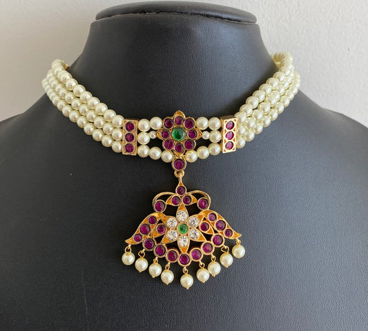 Gold tone precious kemp-green pearl reversible flower choker necklace dj-53935