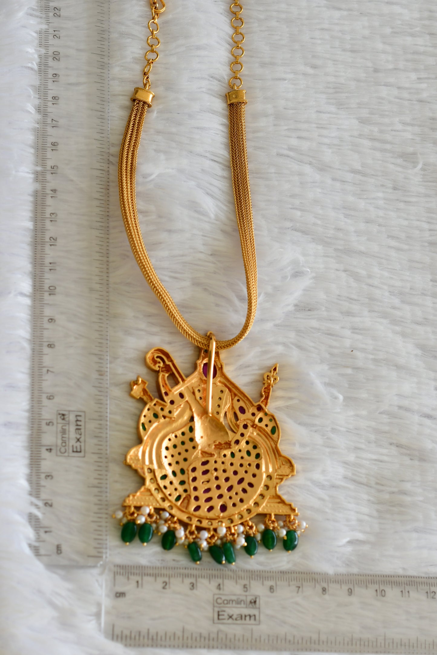 Matte finish kemp-green-blue big Saraswathi pendant necklace dj-51814