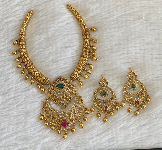 Antique gold tone kante ruby-green-white necklace set dj-54077
