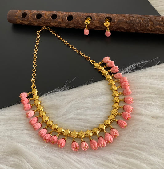 Antique gold tone pink tulip beaded necklace set dj-53707