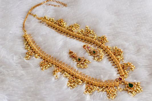 Matte finish ruby-green pearl gutta pusalu haar set dj-52384