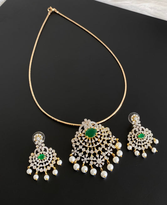 Two tone cz white-green pearl pendant set with kanti necklace dj-54243