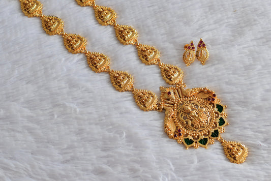 Gold tone pink-green palakka lakshmi peacock haar set dj-51835