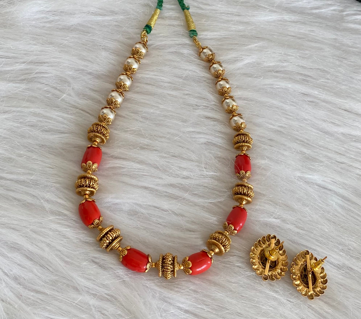 Antique gold tone coral pearl nakshi beaded necklace set dj-54946