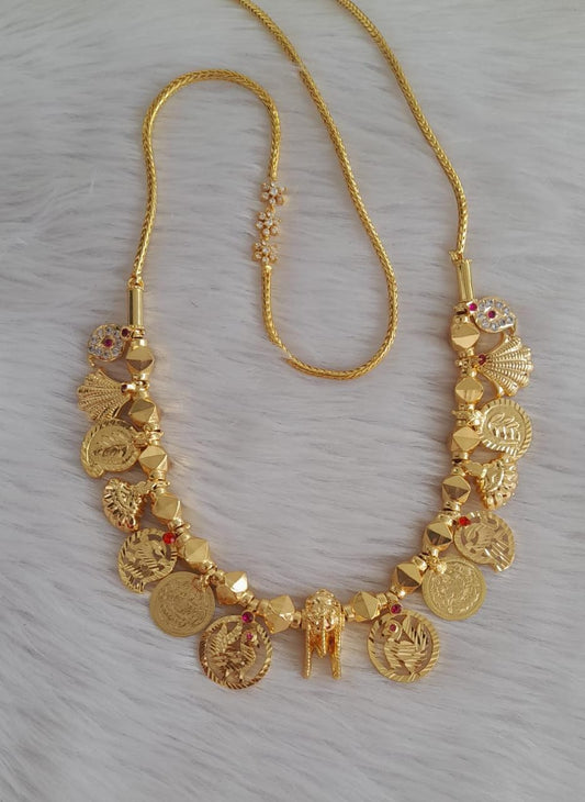 Gold tone pink-white stone mango lakshmi coin peacock thiru mangalyam with white flower mugappu dj-43270