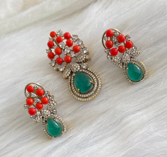 Antique gold tone coral-green-white pendant set dj-53979