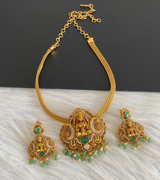 Antique gold tone lakshmi peacock green beaded necklace set dj-54265