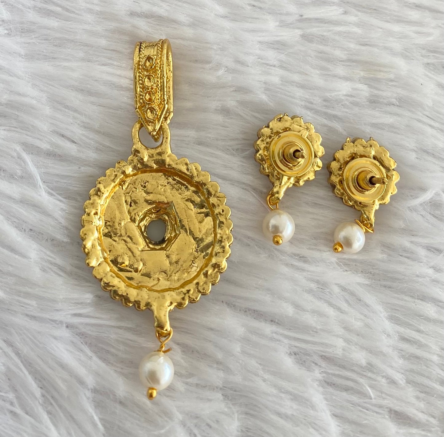 Antique gold tone white stone pearl pendant set dj-52966