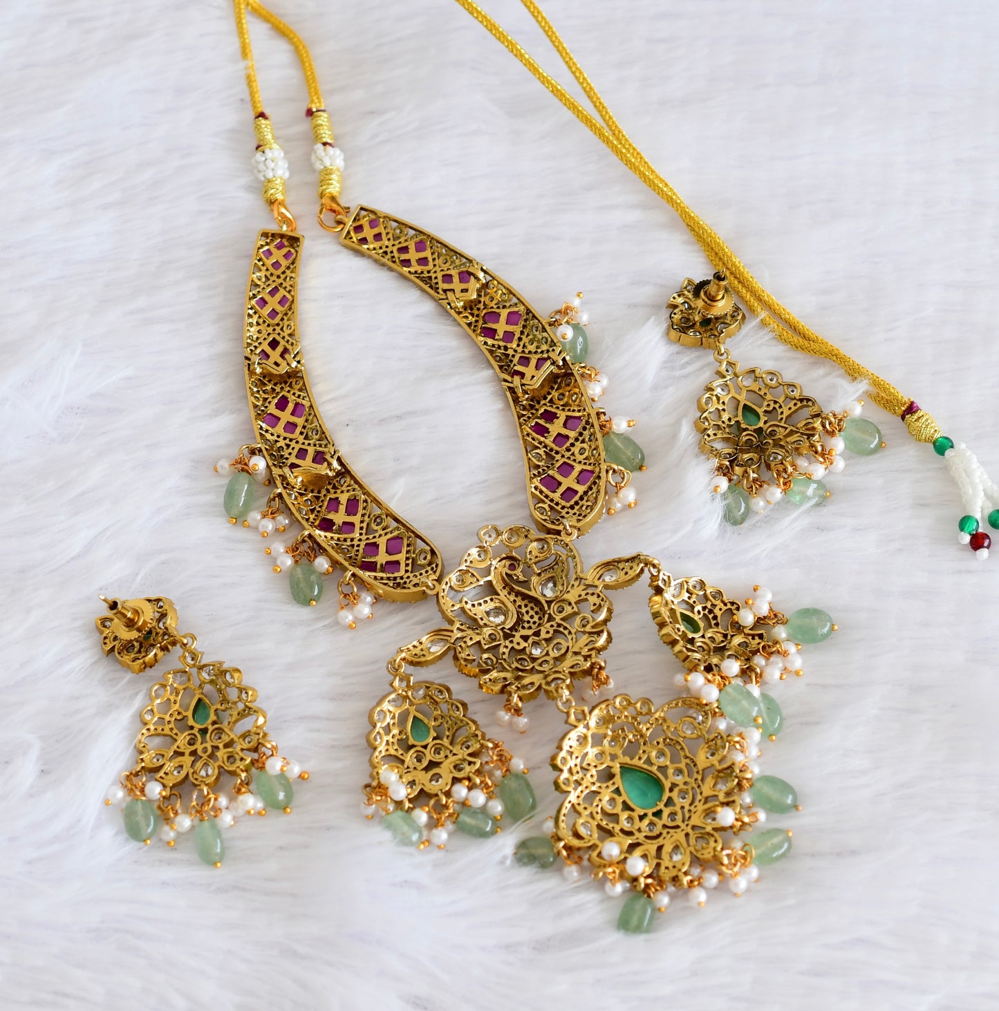 Antique gold tone cz pink-sea green peacock necklace set dj-53022