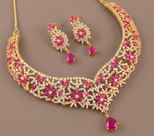 Gold tone cz ruby floral necklace set-dj07162
