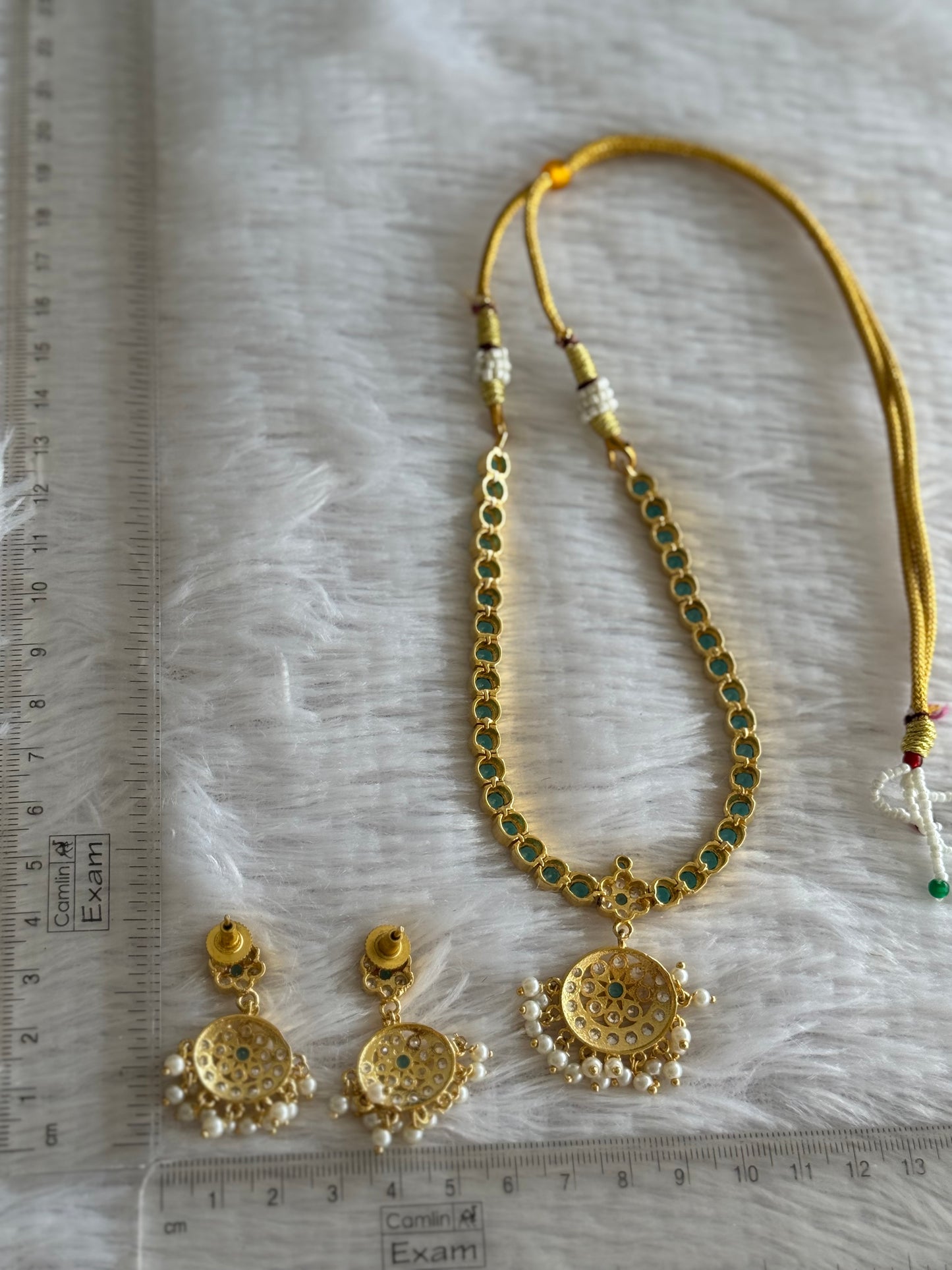 Gold tone AD Cerulean blue south indian style attigai/necklace set dj-51670