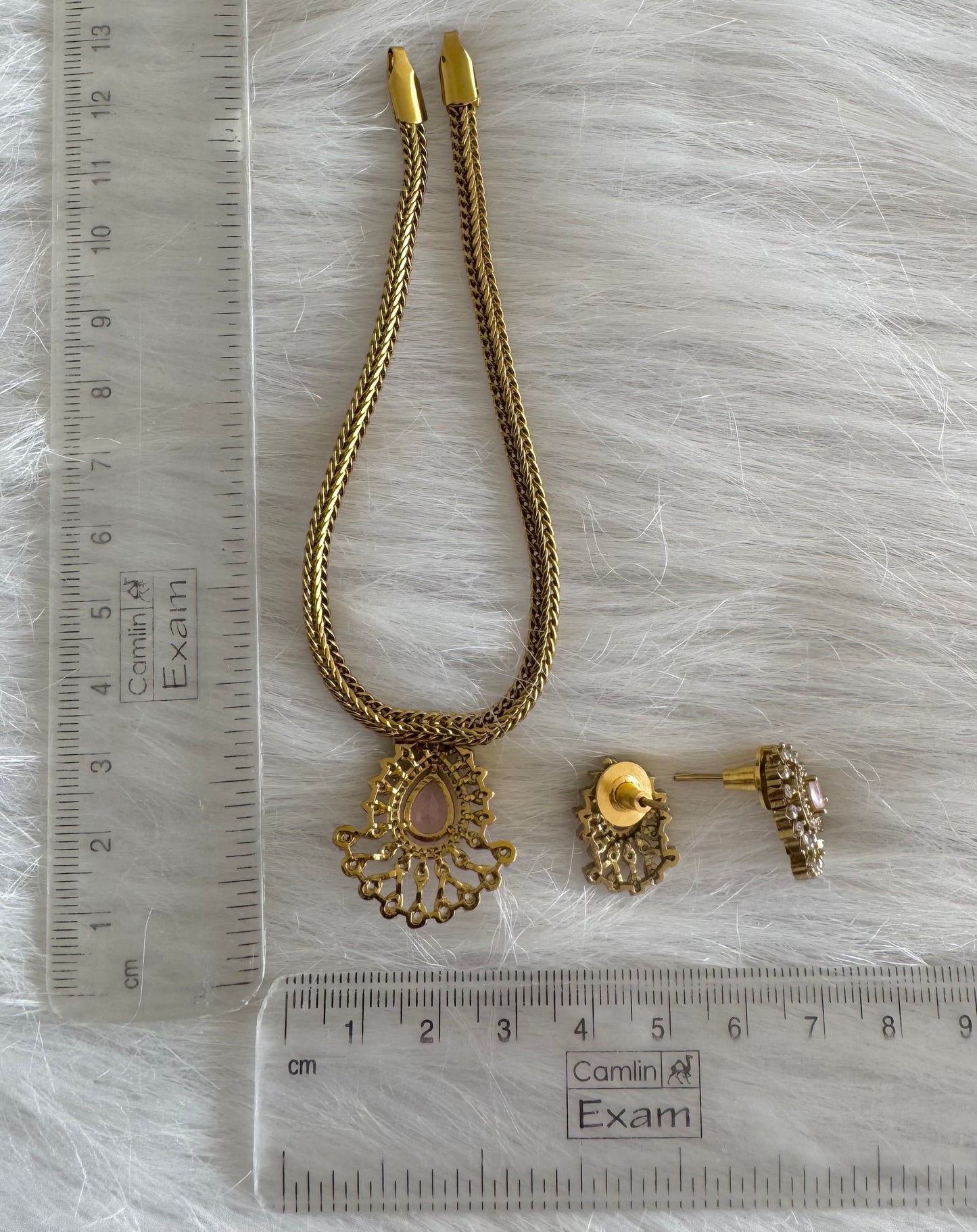 Antique gold tone cz baby pink thilak stone necklace set dj-51211