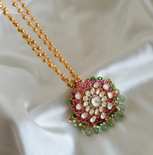Gold tone pink-green-white kundan jadau peacock necklace dj-52581
