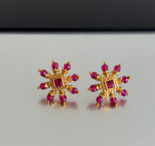 Gold tone pink square stone beaded stud/earrings dj-51593