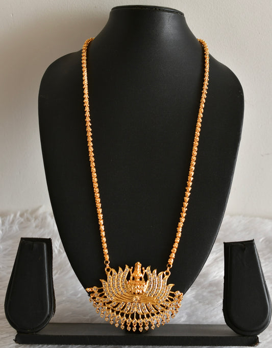 Gold tone white stone Lakshmi Lotus pendant with chain dj-38639