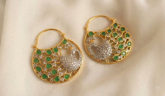 Gold tone cz emerald peacock bali hoop earrings DJ04254
