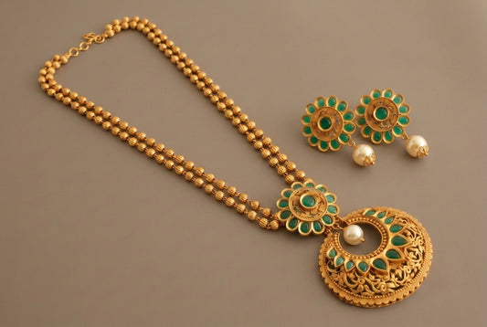 Matte finish emerald flower bali necklace set-dj07792