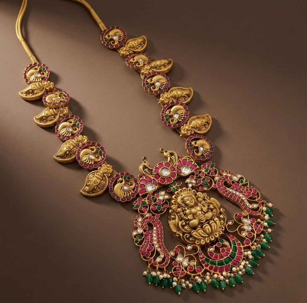 Antique gold look alike Pink-green-white Lakshmi-swan-Ganesha Kunda Jadau haar dj-36319
